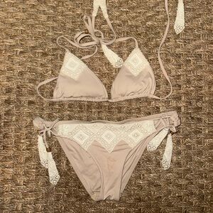 BECCA Lace Trim Bikini Set in Soft Beige